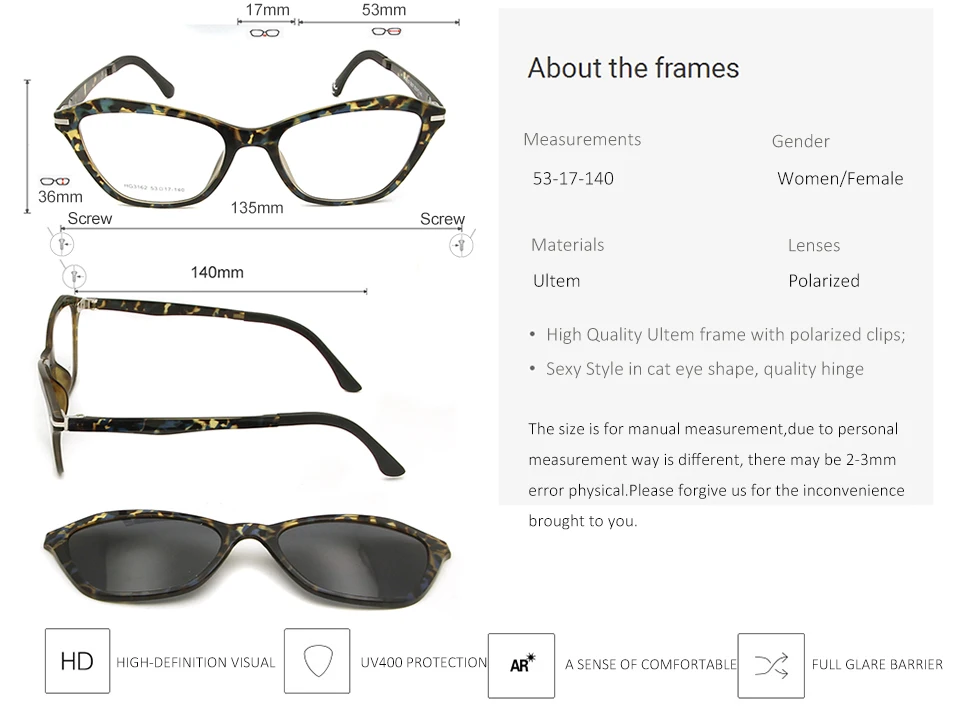 Высокое качество Ultem пластик титановые очки рамки кошачий глаз очки S для женщин с зажимом поляризационные солнцезащитные очки