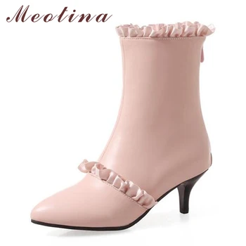 

Meotina Winter Mid-Calf Boots Women Boots Ruffles Pointed Toe Thin High Heel Boots Solid Fur Warm Shoes White Black Big Size 45