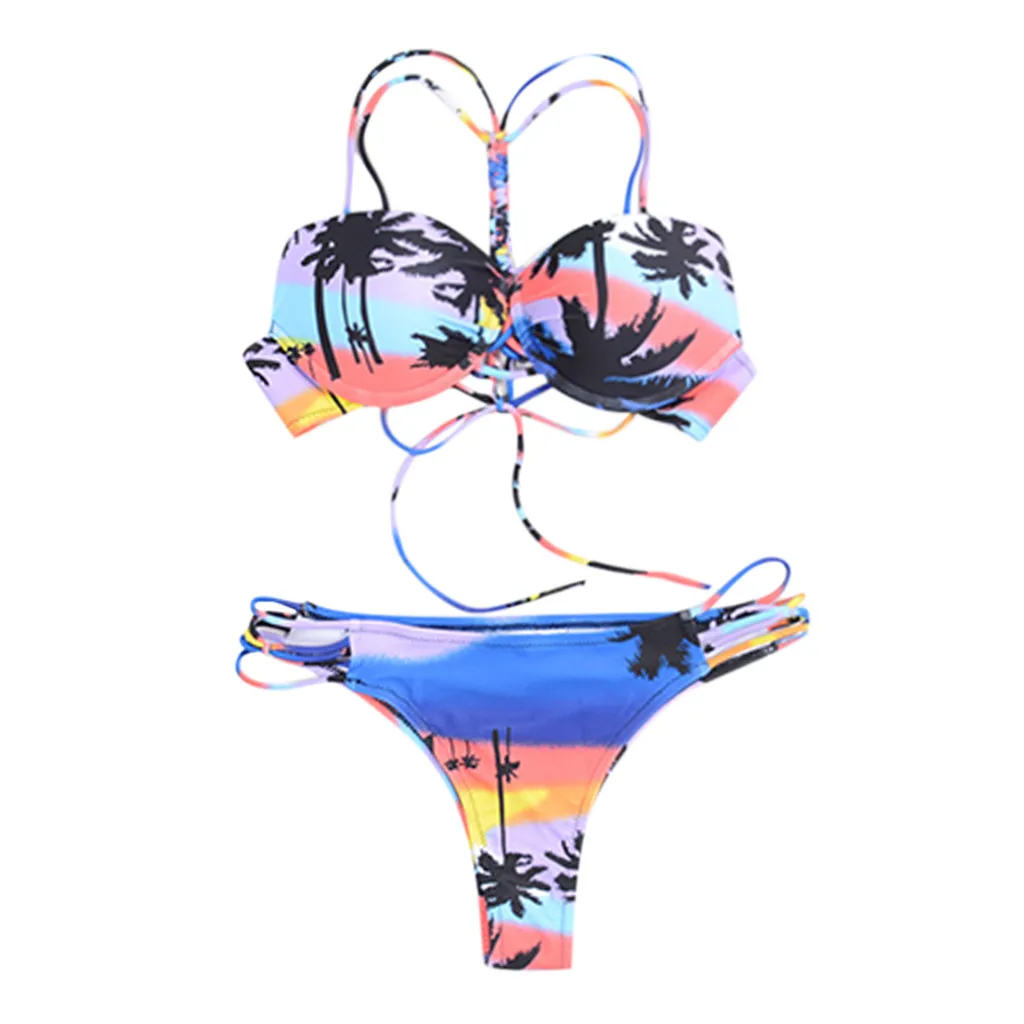 women's swimming suit push up swimsuit bikini Women Lace Up Printed Padded Push-up Bathing Suit Bikini Set Swimwear Swimsuit C4 | Спорт и