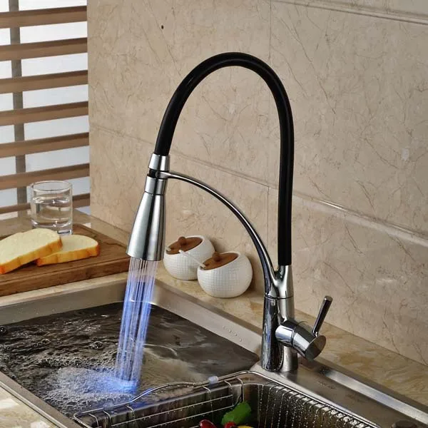 LED Color Chrome Brass Kitchen Faucet Single Handle Hole Vessel Sink Mixer Tap Swivel Spout