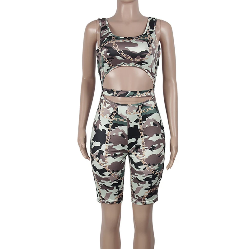 2018 Summer Sexy Fashion Chain Top Design Women Jumpsuits Camouflage Print O-Neck Sleeveless Bodycon Rompers Macacao Feminino Jumpsuits and Playsuits
