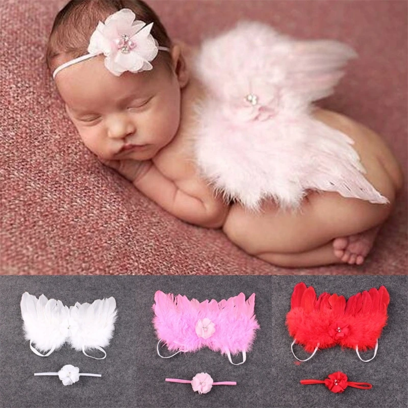 

Girl Newborn Baby Kids Flowers Feather Lace Headband & Angel Wings Photo Prop
