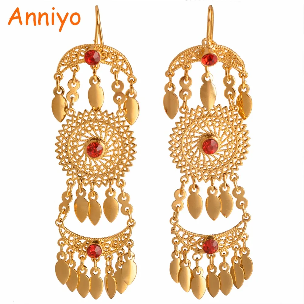 

Anniyo Dubai Traditional Earrings for Women With Red Stone,Arab / African / Iraqi Earring Gold Color Wedding Gift Kedis #066002