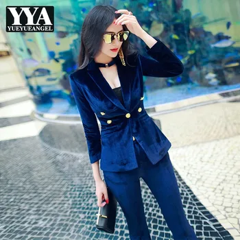 

Autumn Winter New Female Professional Office Lady Sets Luxury Womens Velvet Jacket Lapel Suit Coat+Trumpet Pants 2 Pieces Women
