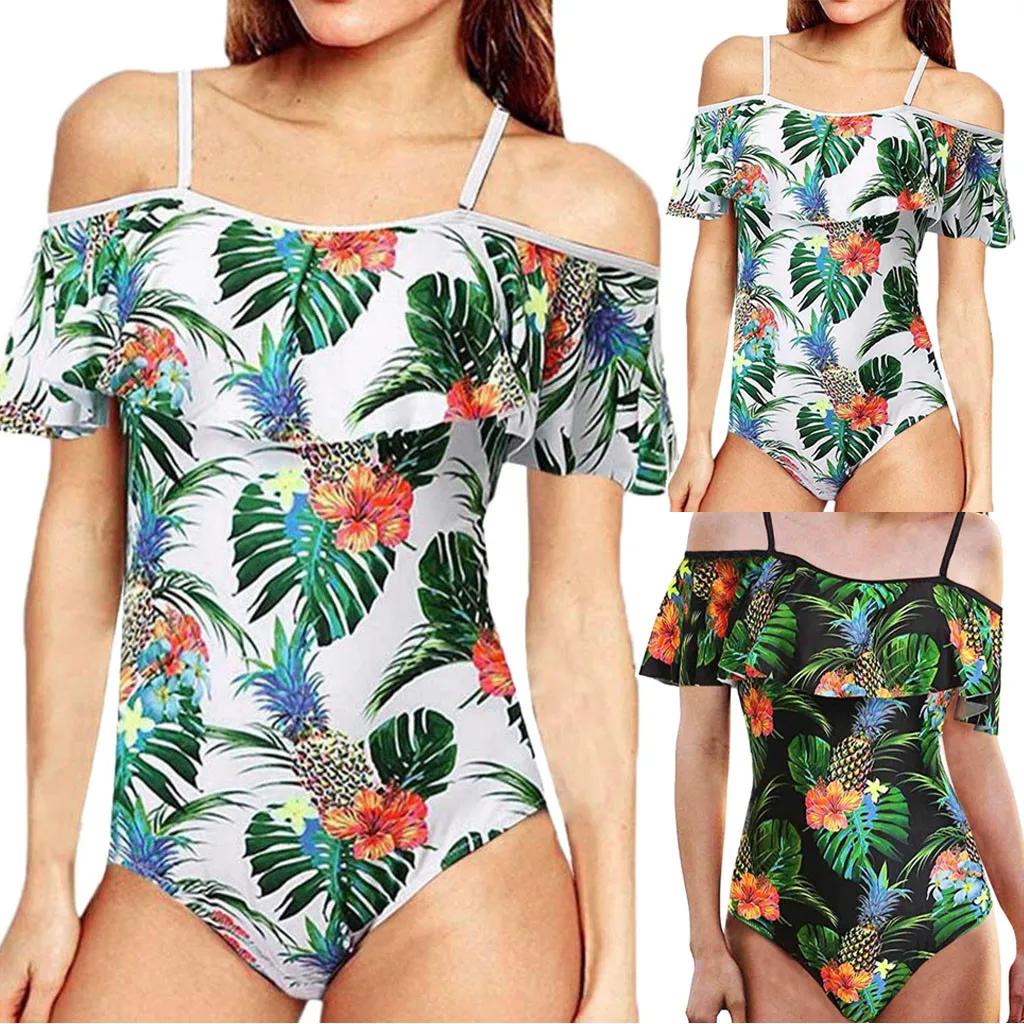 

Bikinis 2019 mujer Women Flounce Swimsuit Pineapple Printed Off Shoulder Swimwear Bathing Suit Cover-up Dropping Maillot de bain