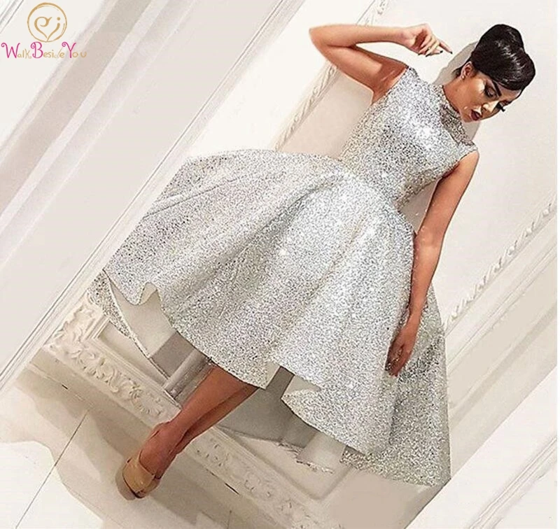 

Silver Prom Dress High Front Low Back Sequined Custom Made Tea length Sleeveless High Neck Simple Sexy Elegant Evening Dress