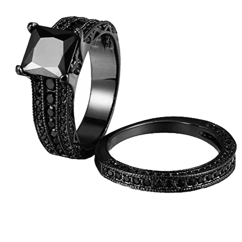 Его ее пара колец черный 316L нержавеющая сталь принцесса огранка Кубического Циркония Обручальное кольцо набор