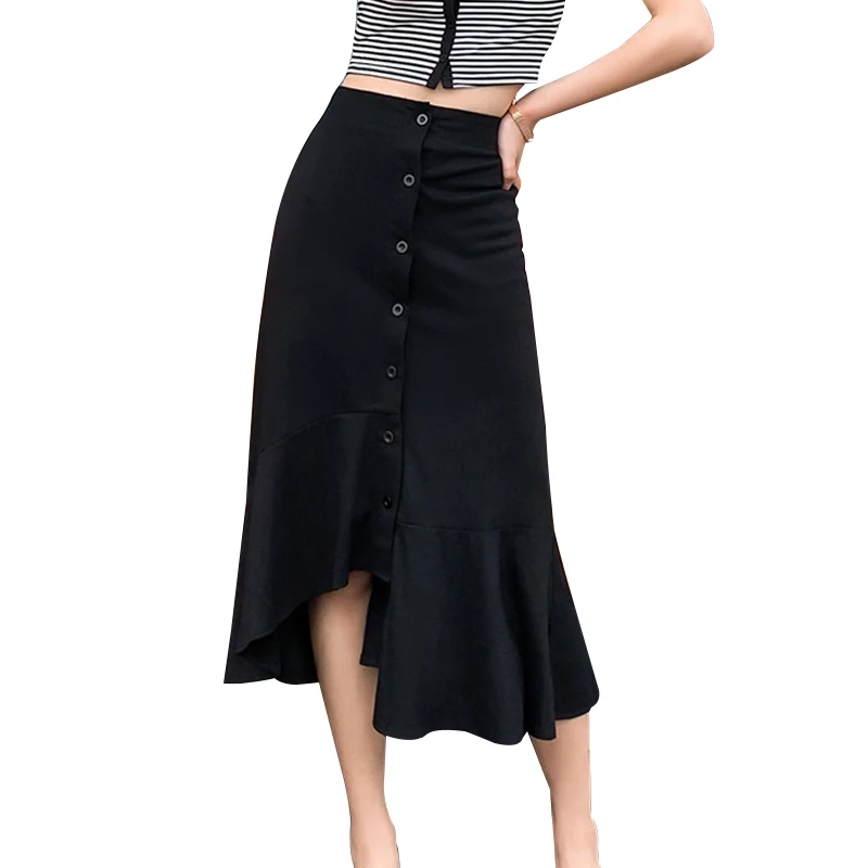 

Oukytha summer skirt 100% cotton midi skirt flouncing solid button fashionable female skirts high waist streetwear women bottom