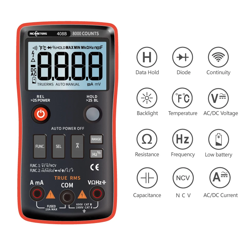 Koop RM408B Digitale Multimeter Knop 8000 Telt True RMS Temperatuur Test 5 MHz Frequentie ACDC