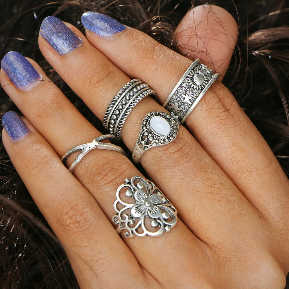 Carved Star Ring Stone Midi Knuckle Rings Set For Women Antique Gold