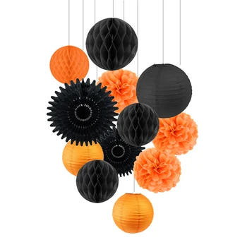 

Paper Halloween Decorations 12pcs/set Vintage Color With Hanging Paper Lantern Honeycomb Ball Pom Pom Flower