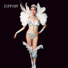 Новые Серебряные стразы, белые Большие Перья, сексуальный бюстгальтер, комплект короткой одежды для ночного клуба, косплей, танец, Женский певец, сценическое шоу, комплект одежды