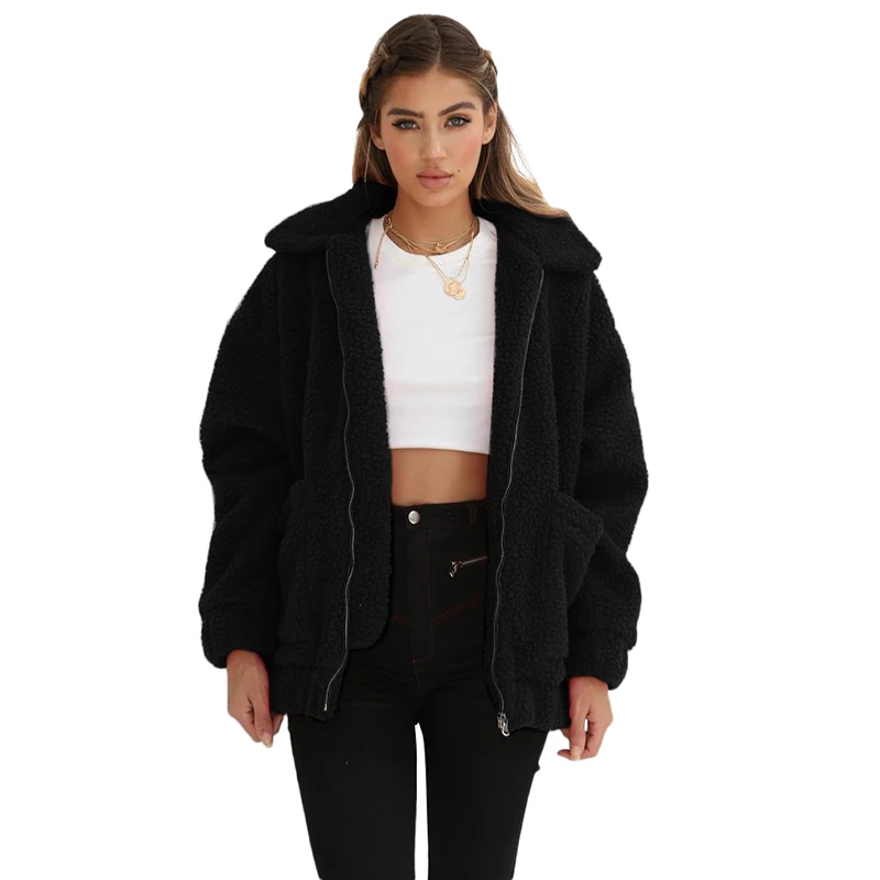 Women Furry Fleeces Coat Jacket Turn down Collar Zipper Front Loose ...