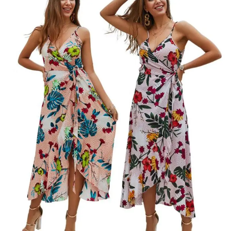 

Women Ladies Boho Floral Print V Neck Strappy Split Ruffled Hem Holiday Summer Beach Midi Irregular Dress Sundress
