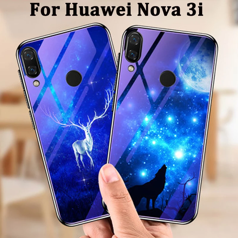 Для Huawei Nova 3i чехол модный мультяшный синий закаленное стекло задняя крышка для