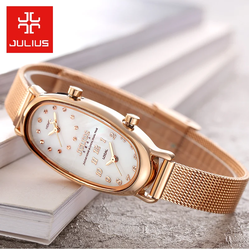 Двойной часовой пояс оболочки Близнецы женские часы Япония Кварцевые часов тонкой моды платье стальной браслет для девочек подарок на день рождения Julius Box