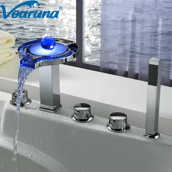 Price VOURUNA Wholesale New Arrival No Need Battery Water Powered 5pcs Waterfall Led Bathtub Faucet 5 Hole Bath Shower Mixer Tap Set