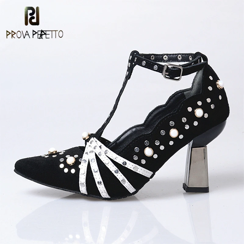 

Prova Perfetto 2018 Spring Summer Fashion Shoes Pointed-toe Mid Heel Strap Frosting Cow Leather Rivet Shallow Single Shoes