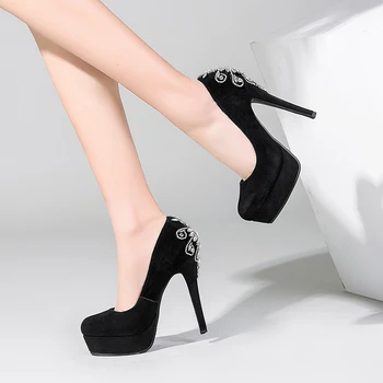 

Chinese party style round toe genuine leather suede pumps fashion crystal platform so kate high heels stiletto women's shoes