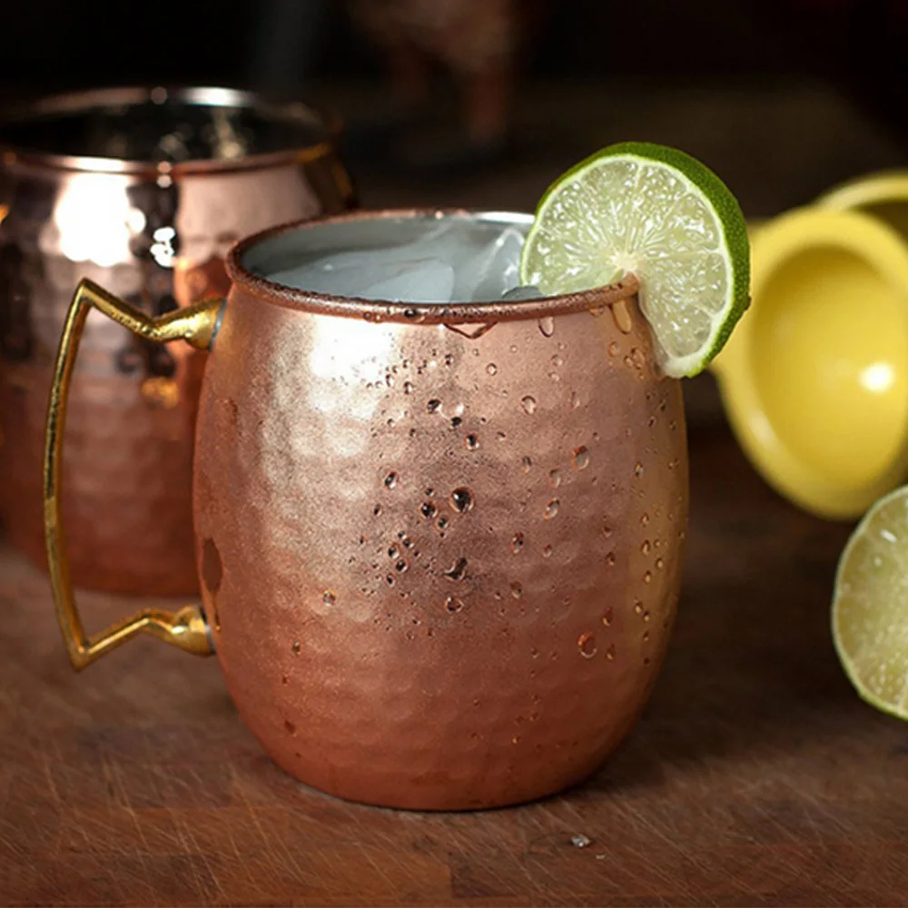 2 Pcs 530ml Stainless Steel Copper Plating Hammered Drum Style Moscow Mule Beverage Mug with Handle