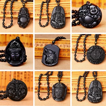 

High Quality Natural Black Obsidian mixed Carved Buddha Lucky Amulet Round Necklace pendant For Women Men Bracelet Reiki Jewelry