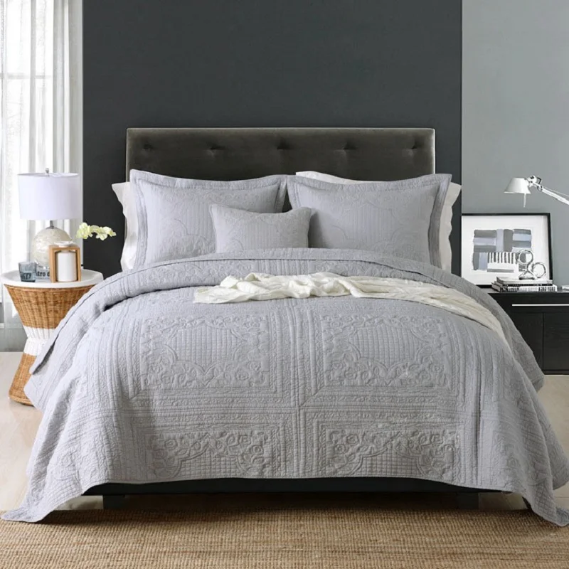 

CHAUSUB Gray Washed Cotton Quilt Set 3pcs Embroidery Quilts Bed Cover Soft Quilted Bedspread American Coverlet King size 4colors
