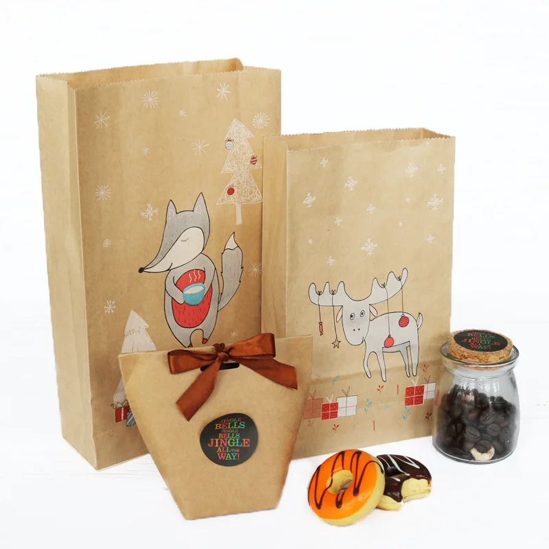 12pcs Christmas Kraft Paper Bag Fox Moose Snowflake Gift Stickers Xmas Candy Dragee Food Cookies Packing Bags | Дом и сад