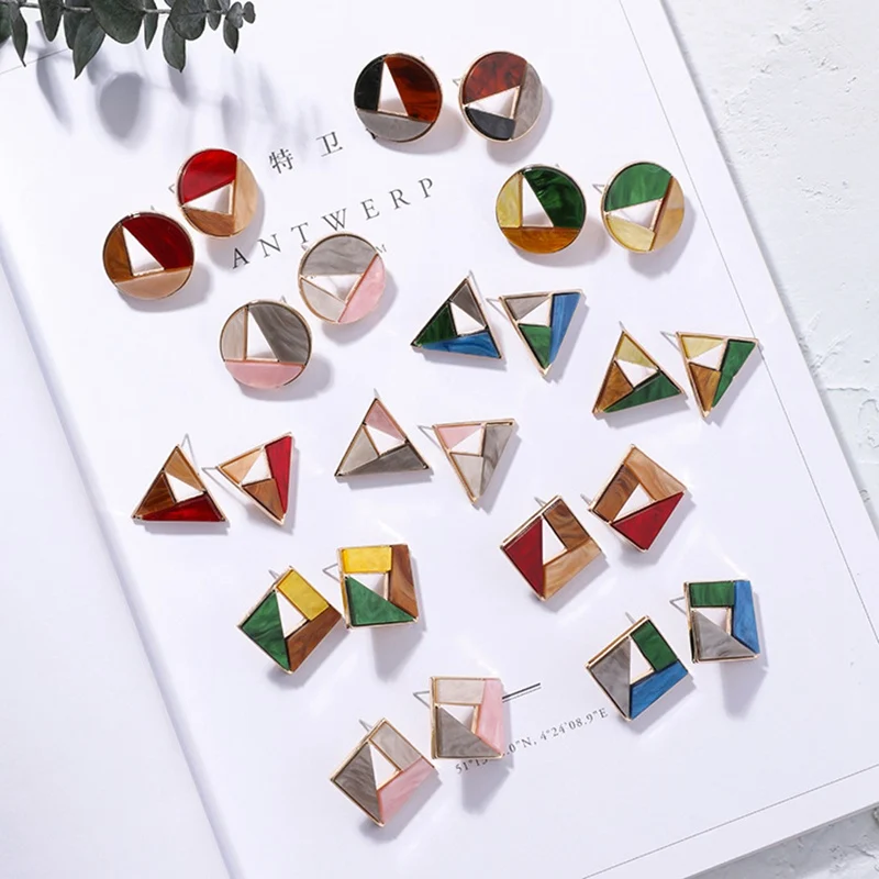 

Fashion Acrylic Color Texture Colorblock Stud Earrings Individual Openwork Geometric Round Square Lady Stud Earrings Jewelry