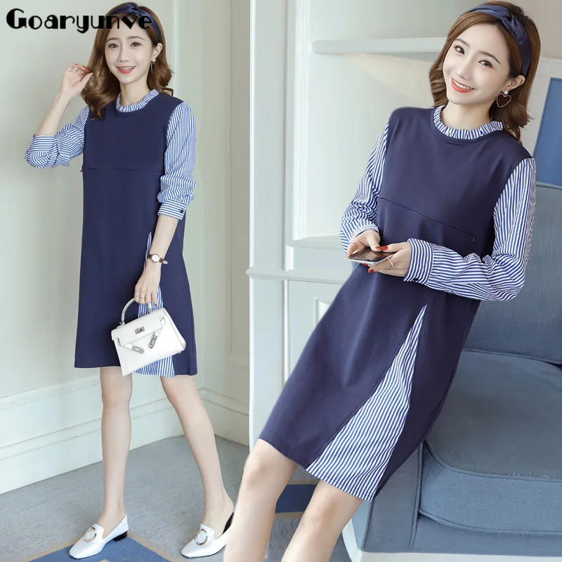 

Maternity Plus Size Nursing Dress Brest Feeding Patchwork Dresses for Pregnant Women Fake 2 Pregnancy Clothes navy black