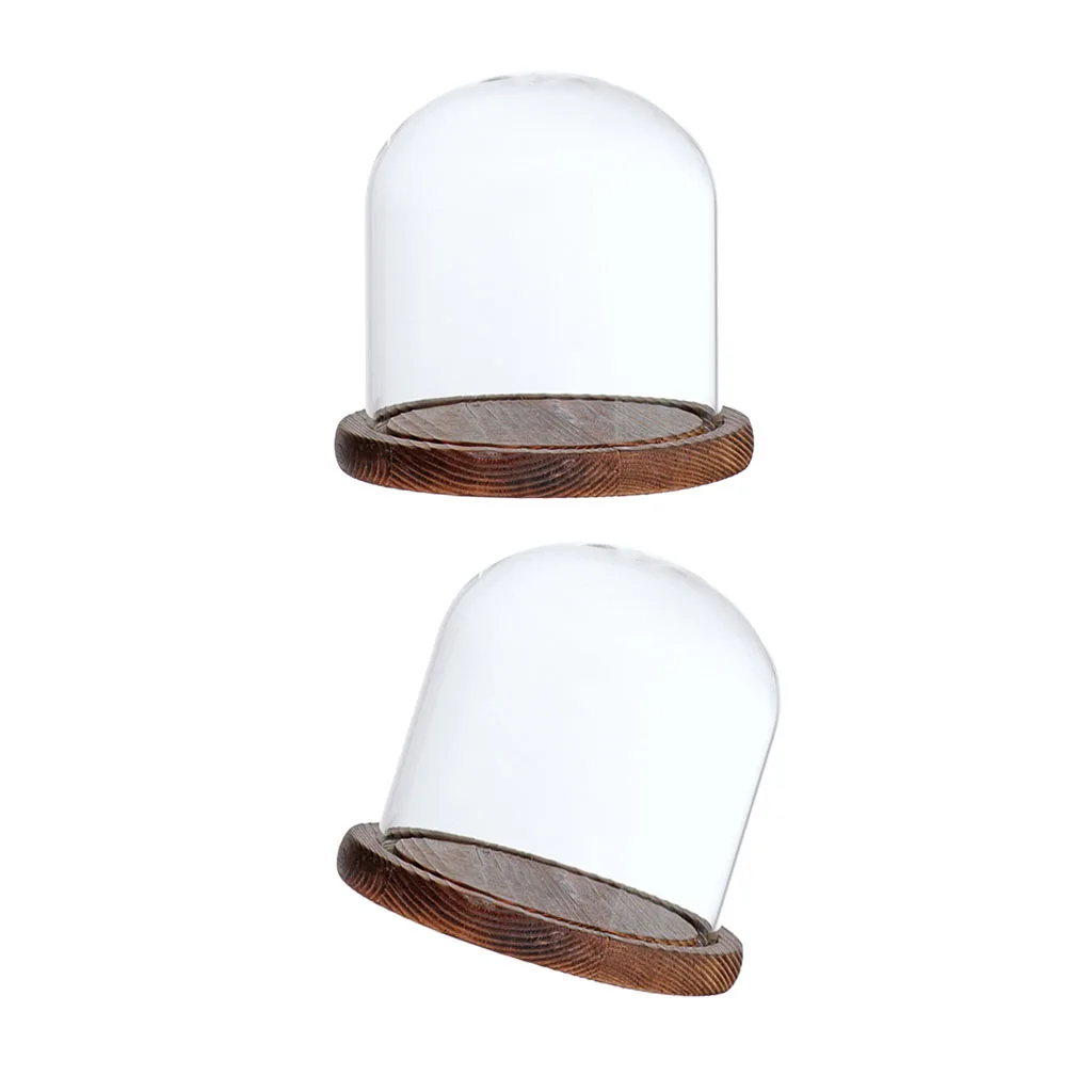 2Pcs 12x12cm Clear Glass Dome with Wooden Base for Home Wedding Party Centerpiece Display Stand DIY Decor Brown