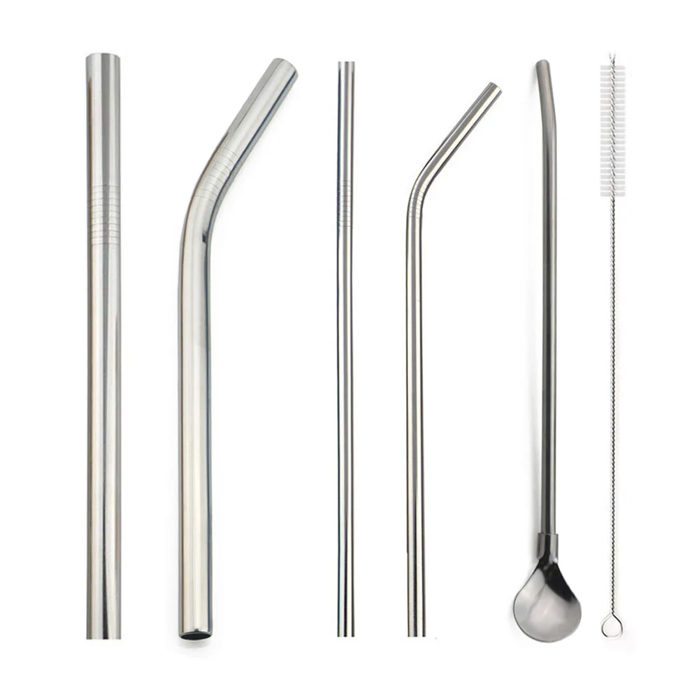 

5pcs Metal Straw Set Width Silver Reusable Straw Spoon 304 Stainless Steel Drinking Straws For Smoothies Tapioca Pearls Milk Tea