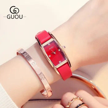 

2017 New Famous Brand GUOU Women Watches Fashion Square dial Quartz Watch Ladies Genuine Leather Wristwatch relogio feminino