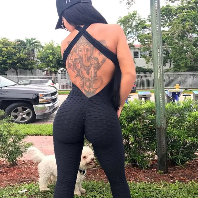 Womens Sexy Hollow Out Halter Backless Bodysuit Ruched Butt Lift Jumpsuit Sleeveless Sport Cross Bandage Playsuit Leggings Womens Sexy Hollow Out Halter Backless Bodysuit Ruched Butt Lift Jumpsuit Sleeveless Sport Cross Bandage Playsuit Leggings