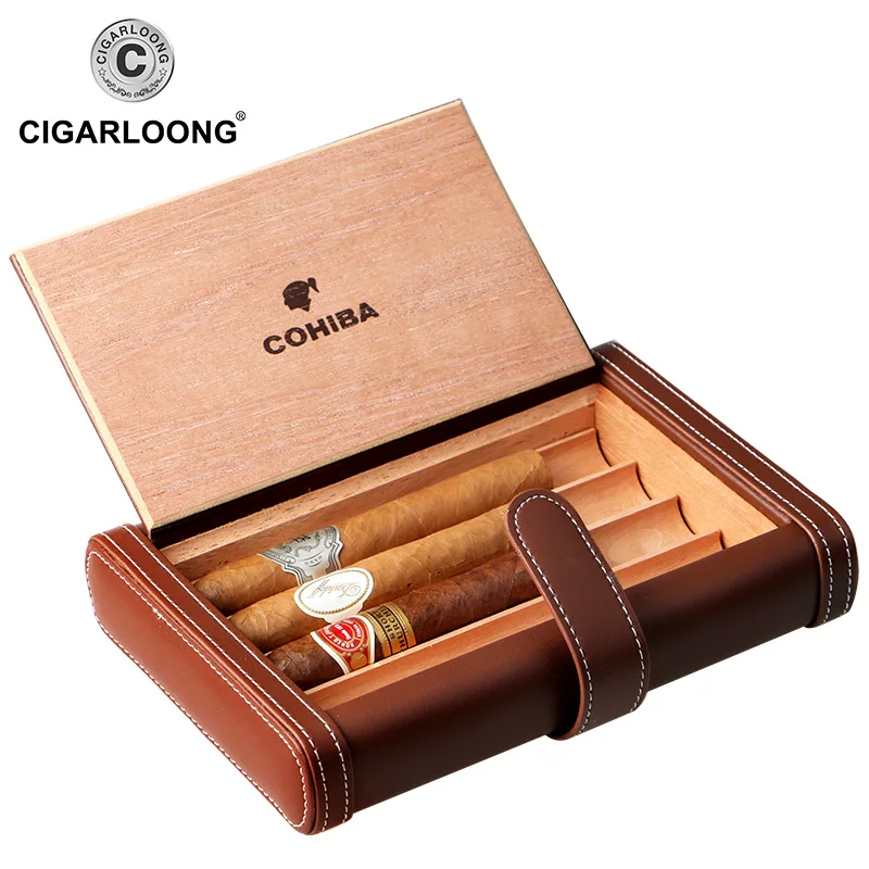 

Notebook Design COHIBA Cigar Leather Case Travel Tobacco Storage Holds 4 Cigars Made by PU Leather and Cedar Wood HH-136