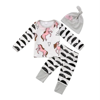 

Newborn Baby Boy Girl Clothes Sets Cute Horse Tops +Long Pants Hat Outfits 3PCS Set Clothes 0-24M