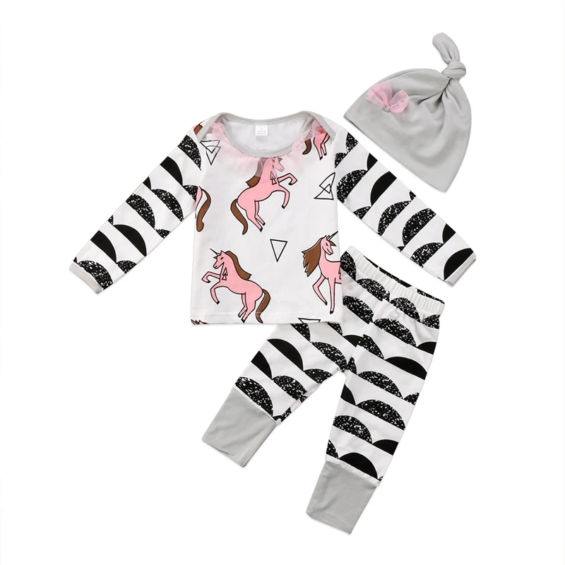 Newborn Baby Boy Girl Clothes Sets Cute Horse Tops +Long Pants Hat Outfits 3PCS Set Clothes 0-24M