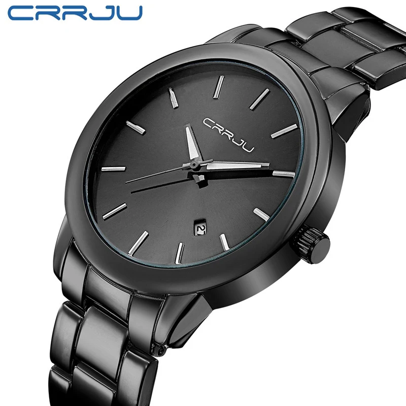 2016 New CRRJU quartz-watches Black full steel Vogue Casual watch Men Business Male Relojes hombre Simple Wristwatch gift