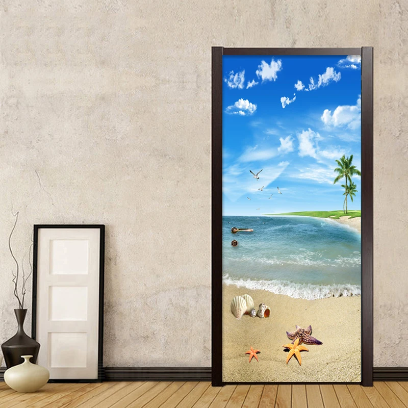 

2 Pieces/Set Creative DIY 3D Wall Door Stickers Sea View Wallpaper Living Room Bathroom PVC Waterproof Self-Adhesive Door Decals