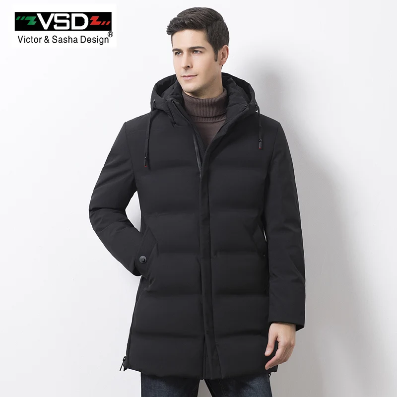 VSD Новые Теплые Зимние утка вниз куртка Slim для Для мужчин с капюшоном Куртка