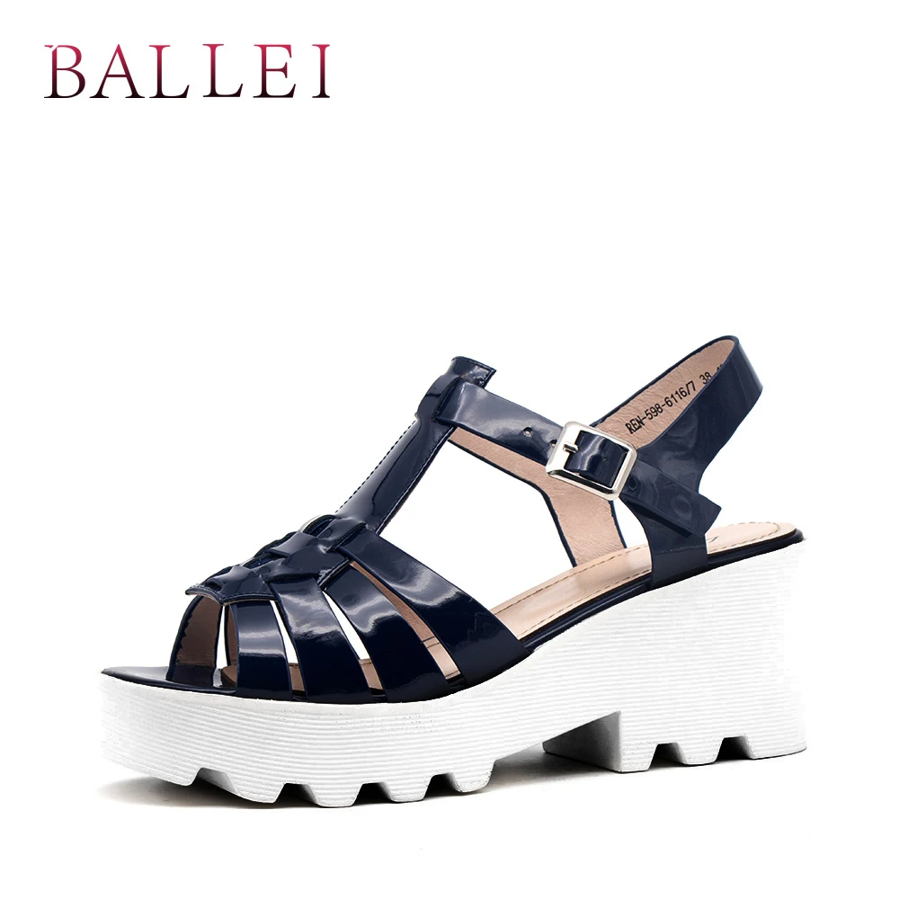 

BALLEI Handmade Woman Fashion Sandals Vintage Patent Leather Comfortable Platform Back Strap Shoes Solid Casual Soft Sandal S90