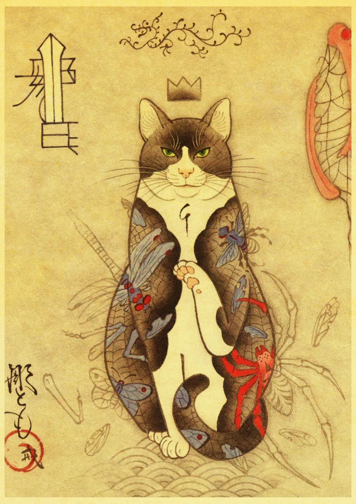Японский самурайский Кот тату Кот Ретро Печатный винтажный настенный плакат художественные наклейки/наклейки живопись Декор для гостиной спальни - Цвет: E064