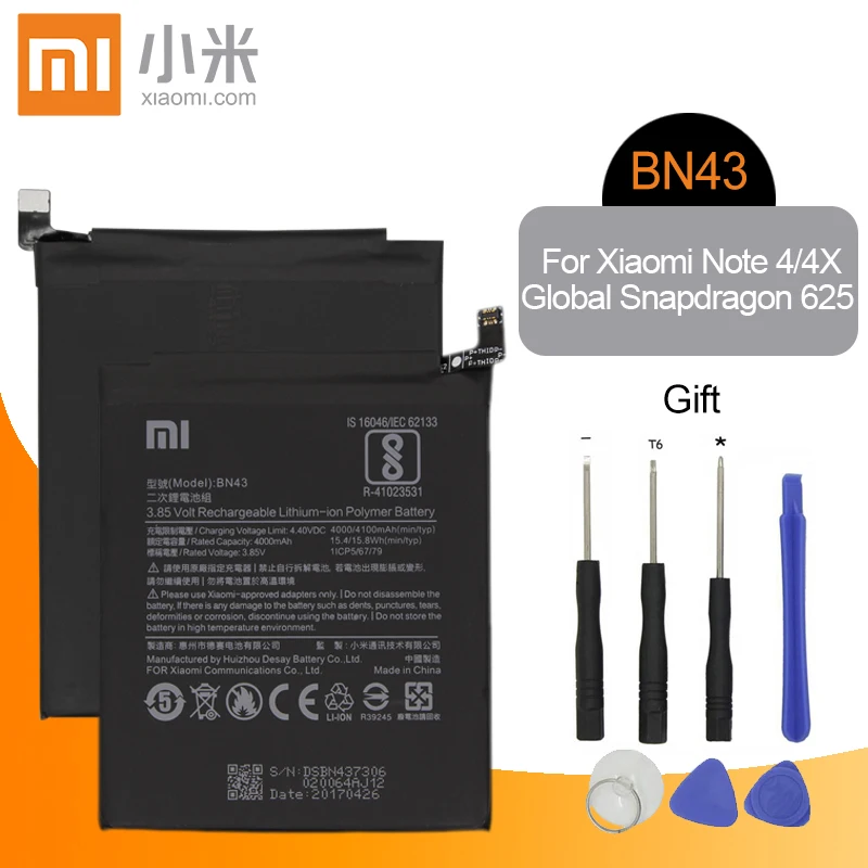 

Xiao Mi Original BN43 Replacement Phone Battery Capacity 4000mAh For Xiaomi Redmi Note 4 / Note 4X global Snapdragon 625 Tools
