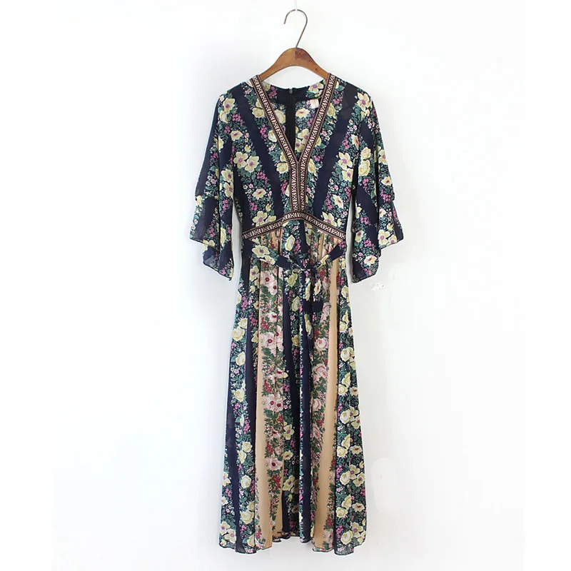 Buy Cheap Bohemian Women V Neck Tropical Floral Print Dresses Embroidery Patchwork Empire Holiday Long Dress Maxi Chiffon Vestiods Casual