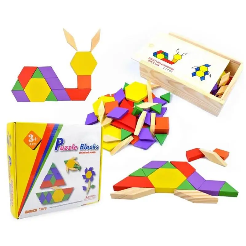 Wooden Tangram Shape Jigsaw Puzzle Box Kids Geometric Shape Puzzle Macthing Game Board with construction drawings Children Toys