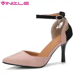 VINLLE 2018 Летние женские туфли из искусственной кожи Ремешок на щиколотке смешанных Цвет тонкий высокий каблук острый носок женские