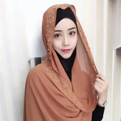 Мусульманский Исламский длинный хиджаб шарф женские длинные шали красивый объемный дрель с бусинами камни - Цвет: light coffee