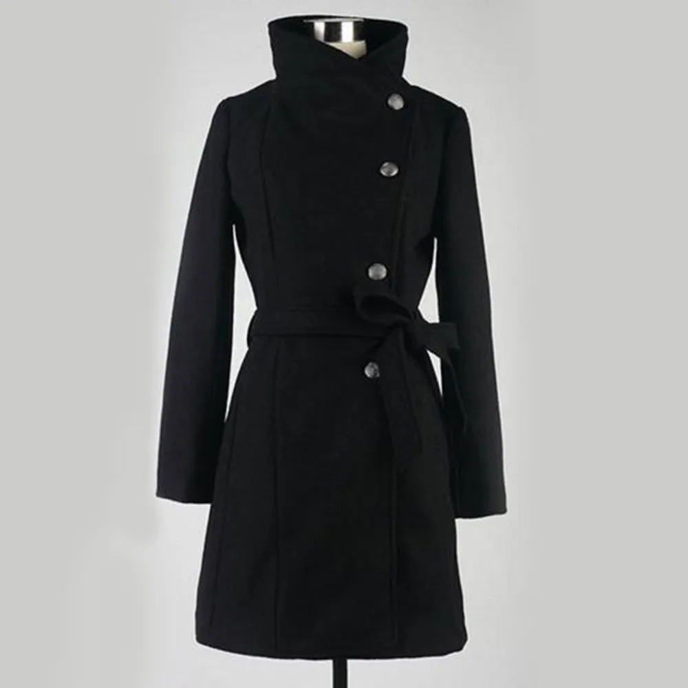 Single Breasted Belt Long Sleeve Overcoat Winter Blends Vintage Black ...