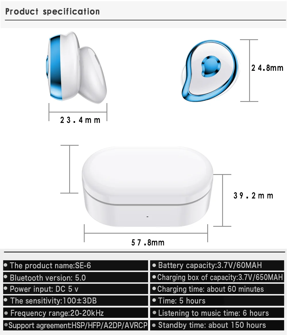 SE-6 TWS Bluetooth 5,0 спортивные водонепроницаемые мини беспроводные наушники HiFi бас гарнитура наушники с зарядным устройством 650 мАч