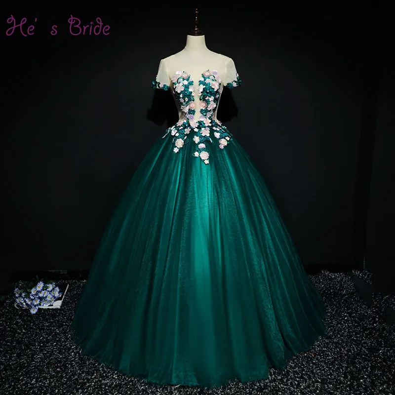 Он невесты короткий рукав кружева назад длина до пола бальное платье Аппликации зеленые свадебные платья Vestidos De Novia