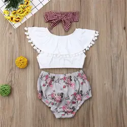 Одежда для новорожденных, летние топы с оборками для маленьких девочек, укороченный топ, шорты с цветочным принтом, повязка на голову